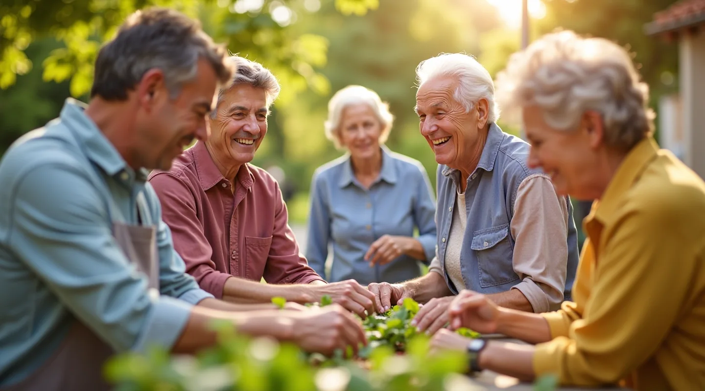 Grupo de personas adultas colaborando juntas en una actividad de voluntariado