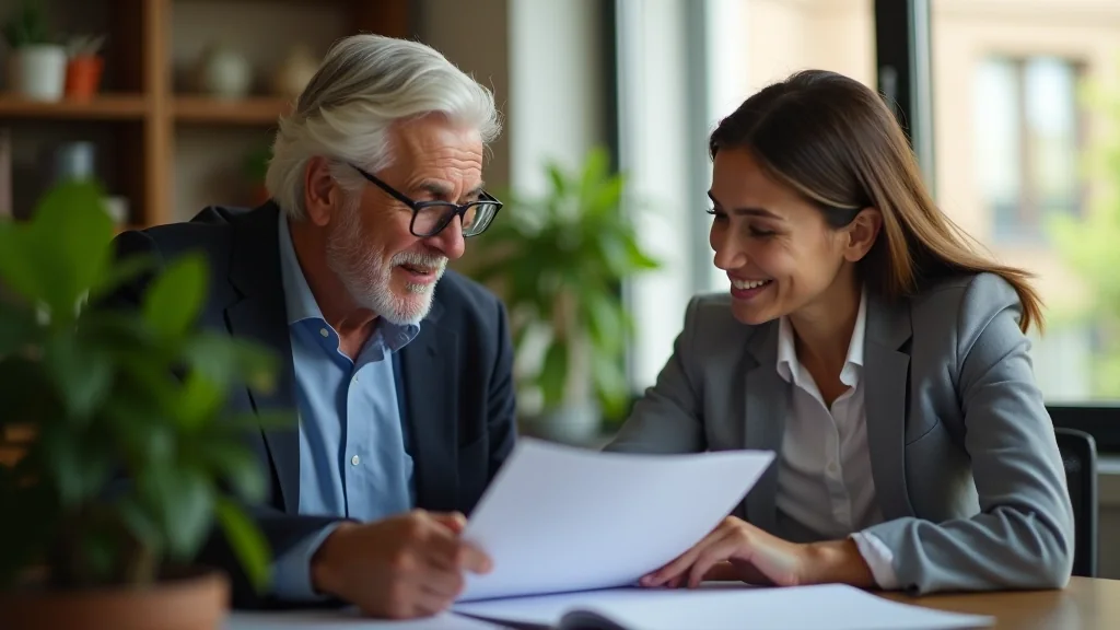 Persona mayor acompañando y orientando a otra persona en una sesión de mentoría