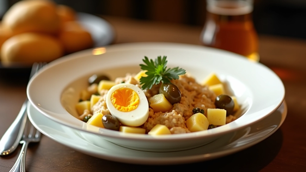 Bacalhau à Gomes de Sá em tigela branca com batata cozida e ovo duro, receita clássica portuguesa