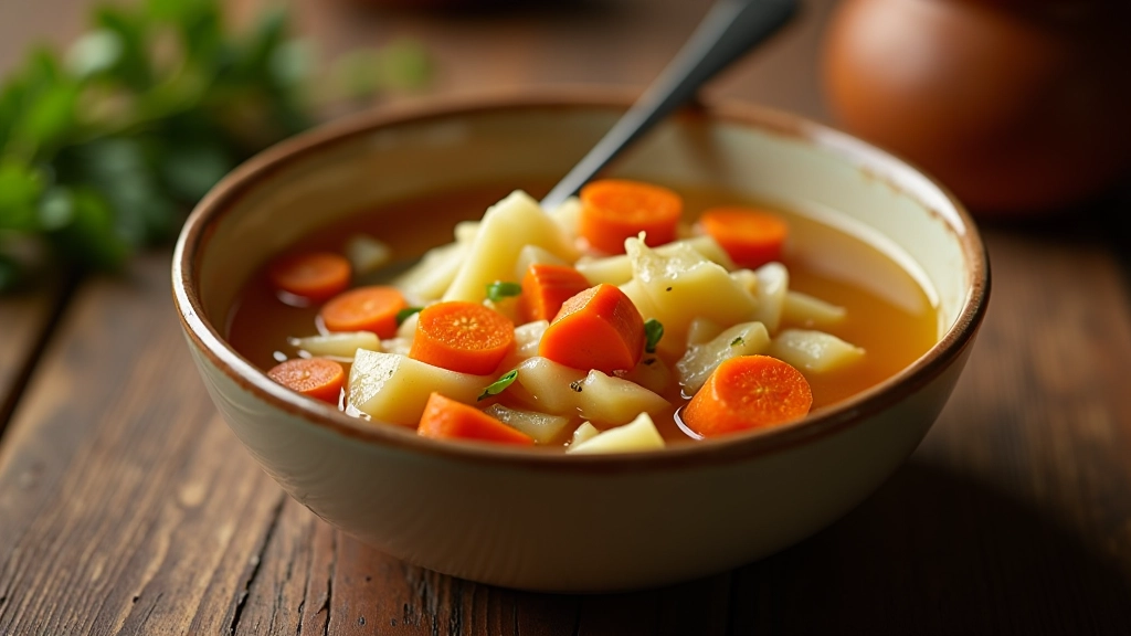 Prato hondo com cozido à portuguesa servido quente, legumes coloridos visíveis, caldo transparente
