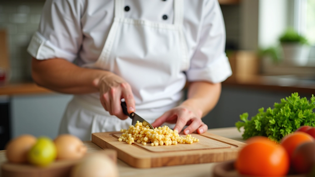 Chefe em avental branco a preparar alimentos