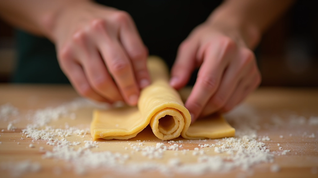 Mãos dobrando massa folhada de aveia em forma de tubo para pastel