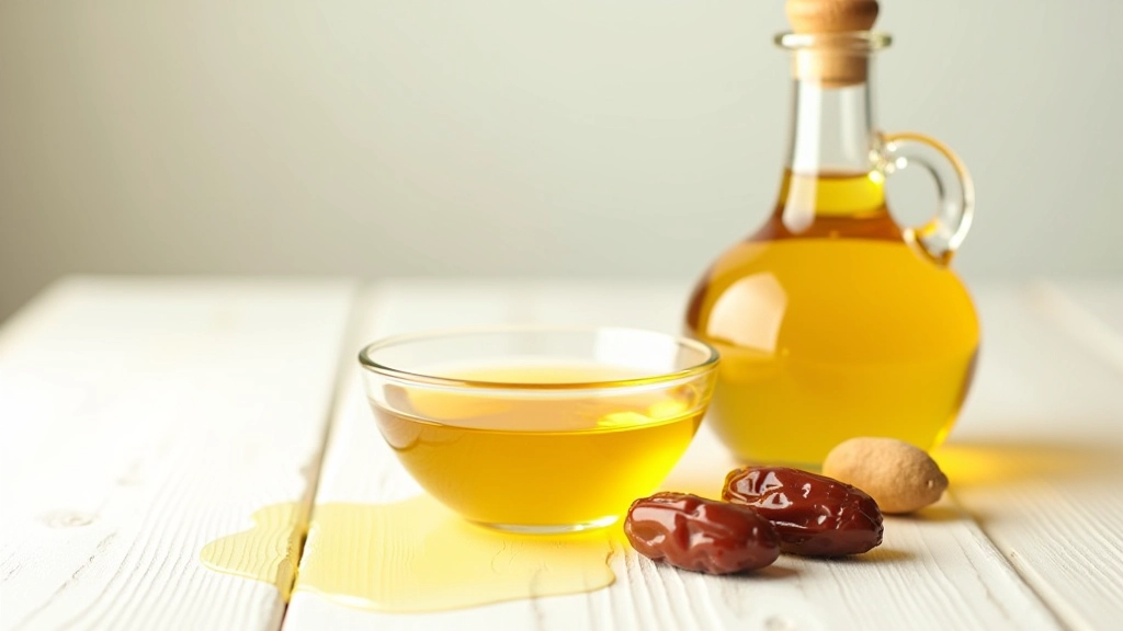 Variedade de ingredientes saudáveis como mel, azeite extra virgem e tâmaras naturais em recipientes de vidro sobre superfície clara