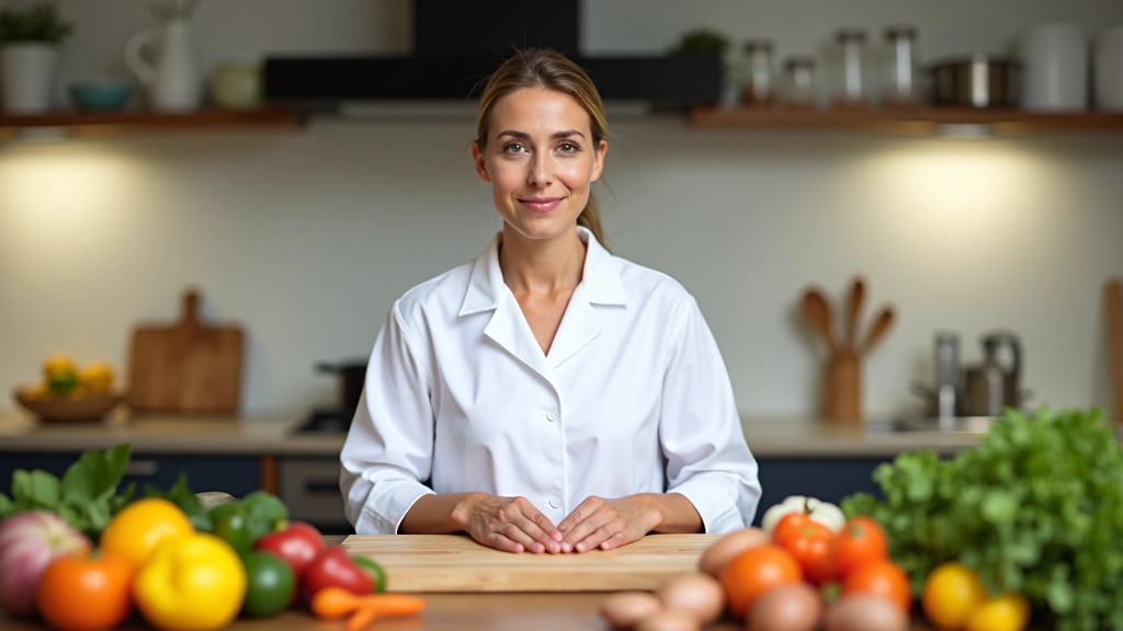 Nutricionista Madalena trabalhando com ingredientes tradicionais portugueses, cozinha moderna bem iluminada, foco em receitas saudáveis