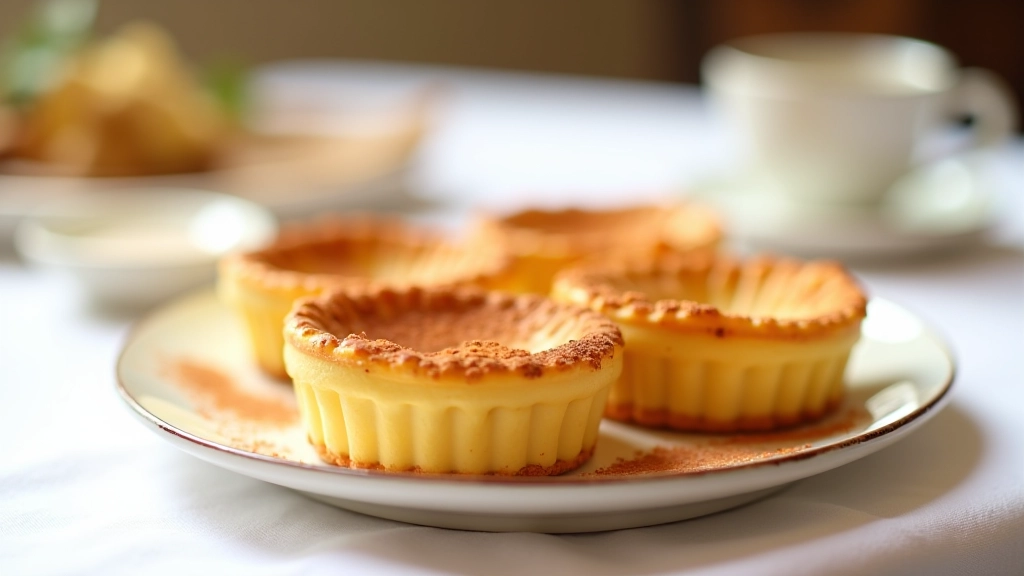 Pastéis de nata em prato com canela em pó e xícara de café ao fundo