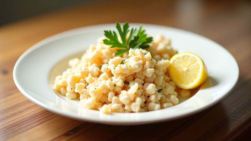 Prato de bacalhau à Brás em prato branco com limão fresco e salsa ao lado