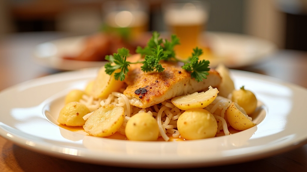 Prato de bacalhau à Brás servido em louça branca com batata-doce frita e salsa fresca, iluminação natural de restaurante português