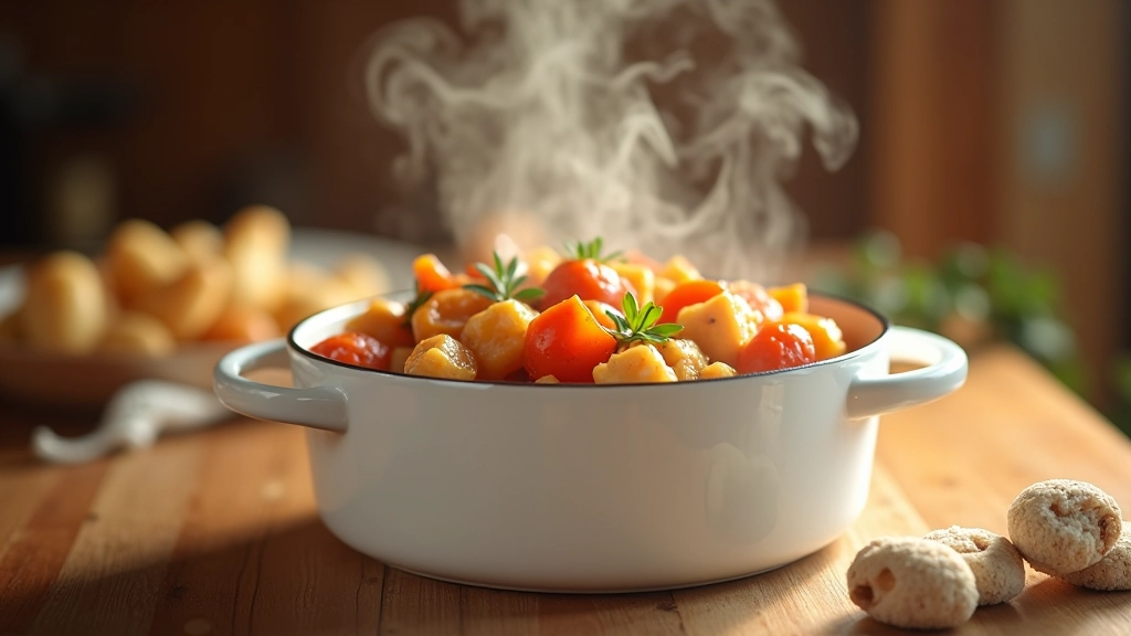 Panela de cozido português tradicional com carne, legumes e caldo numa cozinha portuguesa com luz natural quente
