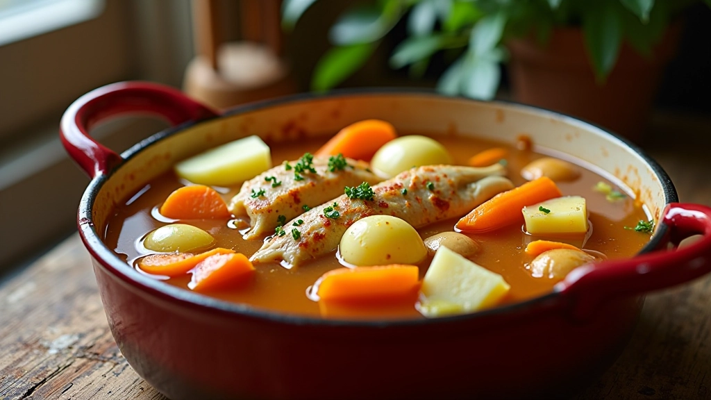 Cozido à portuguesa em panela tradicional com bacalhau, batata, cenoura e couve, caldo claro